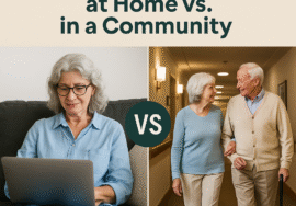 Side-by-side comparison of a senior woman using a laptop at home versus an elderly couple walking in an assisted living community hallway, illustrating independent living versus community living.