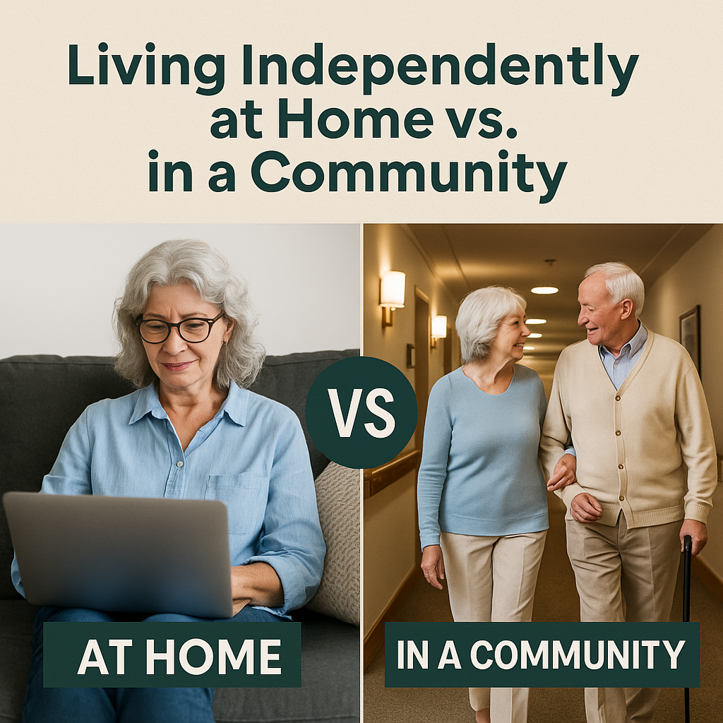Side-by-side comparison of a senior woman using a laptop at home versus an elderly couple walking in an assisted living community hallway, illustrating independent living versus community living.