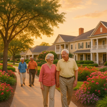 Happy seniors walking along a tree-lined path in a retirement community in Katy, Texas, with southern-style architecture, flowers, and warm sunshine