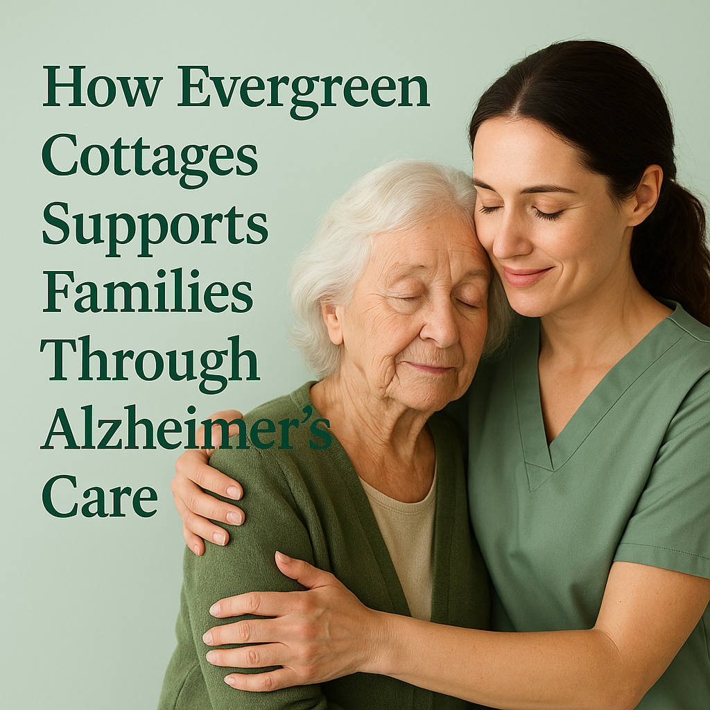 A compassionate caregiver embraces an elderly woman in a calm, supportive setting at Evergreen Cottages, symbolizing Alzheimer’s care and family support.