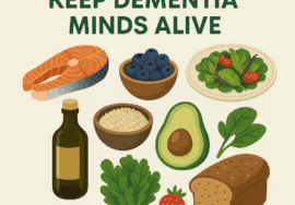 Infographic showing salmon, blueberries, leafy greens, walnuts, and olive oil with the title “Best Diets to Keep the Mind Sharp,” promoting brain health for dementia and Alzheimer’s.