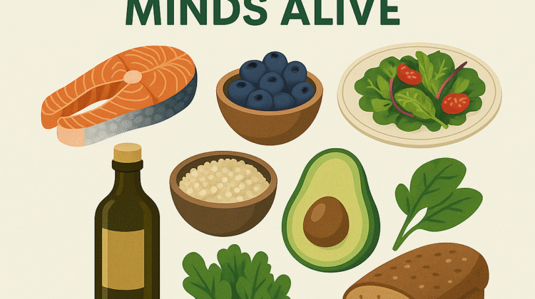 Infographic showing salmon, blueberries, leafy greens, walnuts, and olive oil with the title “Best Diets to Keep the Mind Sharp,” promoting brain health for dementia and Alzheimer’s.