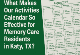 Activities calendar for memory care residents at Jasmine Cottage in Katy, TX highlighting cognitive and emotional engagement.
