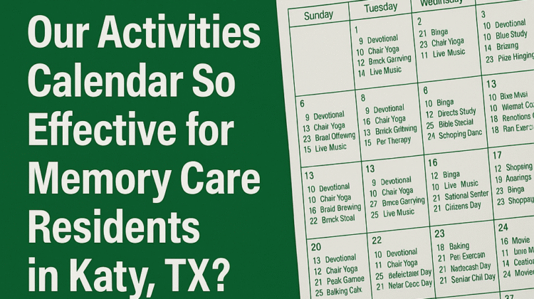 Activities calendar for memory care residents at Jasmine Cottage in Katy, TX highlighting cognitive and emotional engagement.