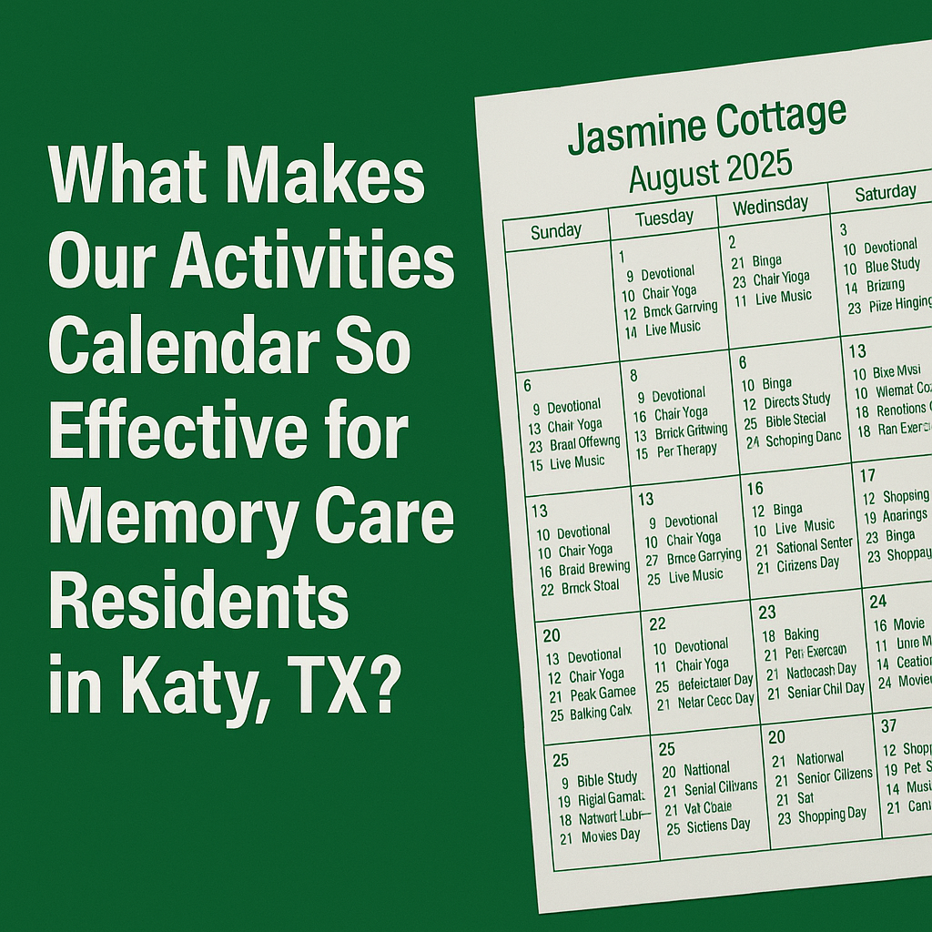 Activities calendar for memory care residents at Jasmine Cottage in Katy, TX highlighting cognitive and emotional engagement.