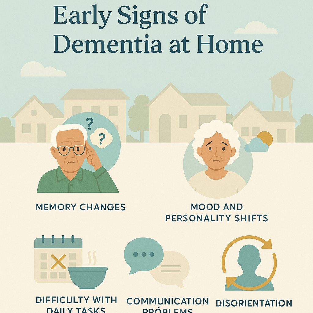 Infographic showing early signs of dementia at home for aging parents, including memory loss, mood changes, daily task difficulties, communication problems, and disorientation, designed for families in Katy TX.