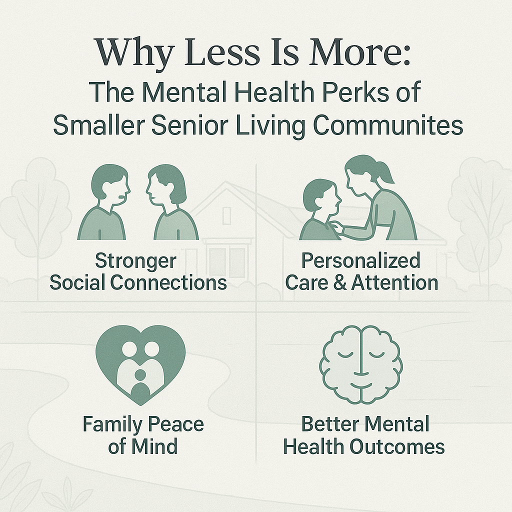Square infographic illustrating the mental health benefits of smaller senior living communities with icons showing stronger social connections, personalized care and attention, family peace of mind, and better mental health outcomes, set against a soft green and beige background with a subtle house and trees.
