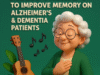 3D illustration of an elderly woman with white hair and glasses smiling peacefully during a music therapy session, with floating musical notes, a guitar, and green background, symbolizing Alzheimer's and dementia care.