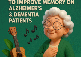 3D illustration of an elderly woman with white hair and glasses smiling peacefully during a music therapy session, with floating musical notes, a guitar, and green background, symbolizing Alzheimer's and dementia care.