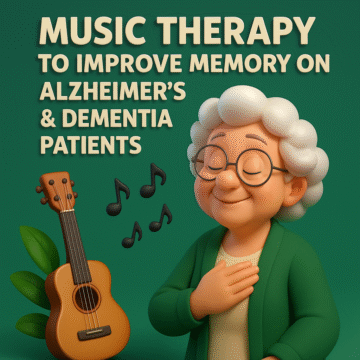 3D illustration of an elderly woman with white hair and glasses smiling peacefully during a music therapy session, with floating musical notes, a guitar, and green background, symbolizing Alzheimer's and dementia care.