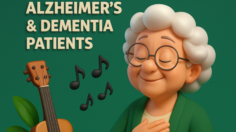 3D illustration of an elderly woman with white hair and glasses smiling peacefully during a music therapy session, with floating musical notes, a guitar, and green background, symbolizing Alzheimer's and dementia care.