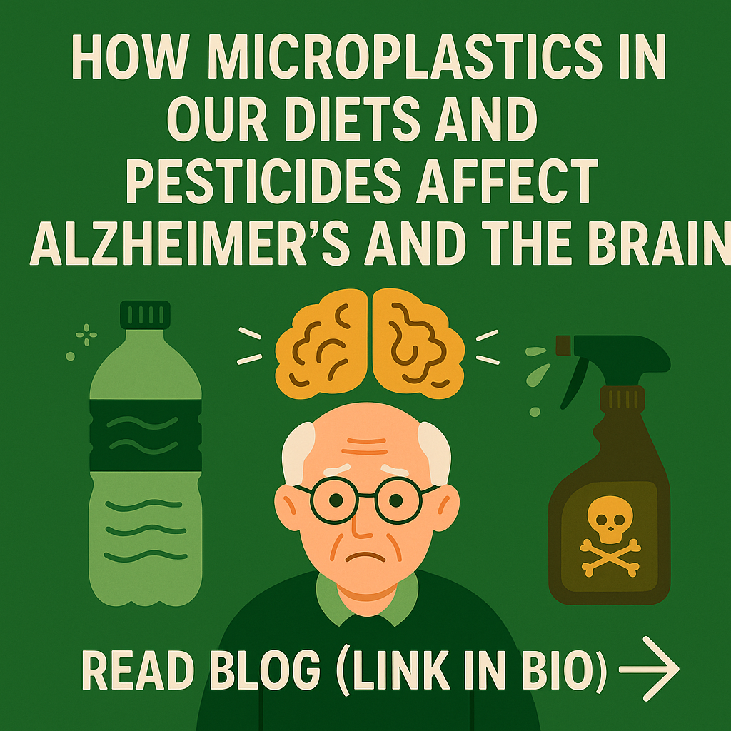 Cartoon illustration of an elderly man with a brain above his head, surrounded by a plastic bottle and pesticide spray, symbolizing how microplastics and pesticides contribute to Alzheimer’s and brain decline.