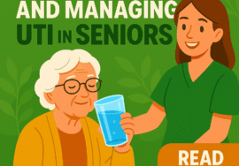 Cartoon illustration showing a smiling caregiver helping an older woman drink a glass of water, with bright green and orange colors and text reading “Understanding and Managing UTI in Seniors” and “Read Blog – Link in Bio.