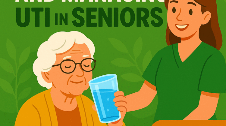 Cartoon illustration showing a smiling caregiver helping an older woman drink a glass of water, with bright green and orange colors and text reading “Understanding and Managing UTI in Seniors” and “Read Blog – Link in Bio.