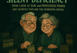 A Disney-style cartoon illustration of an elderly, pale couple sitting indoors on a couch in a dim, sunless room. They are surrounded by stacks of colorful, ultraprocessed packaged foods, visually emphasizing the lack of sunlight and poor diet contributing to cognitive decline.