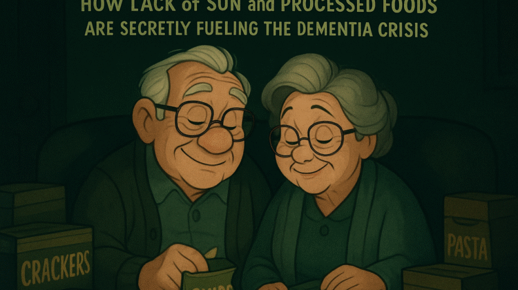 A Disney-style cartoon illustration of an elderly, pale couple sitting indoors on a couch in a dim, sunless room. They are surrounded by stacks of colorful, ultraprocessed packaged foods, visually emphasizing the lack of sunlight and poor diet contributing to cognitive decline.