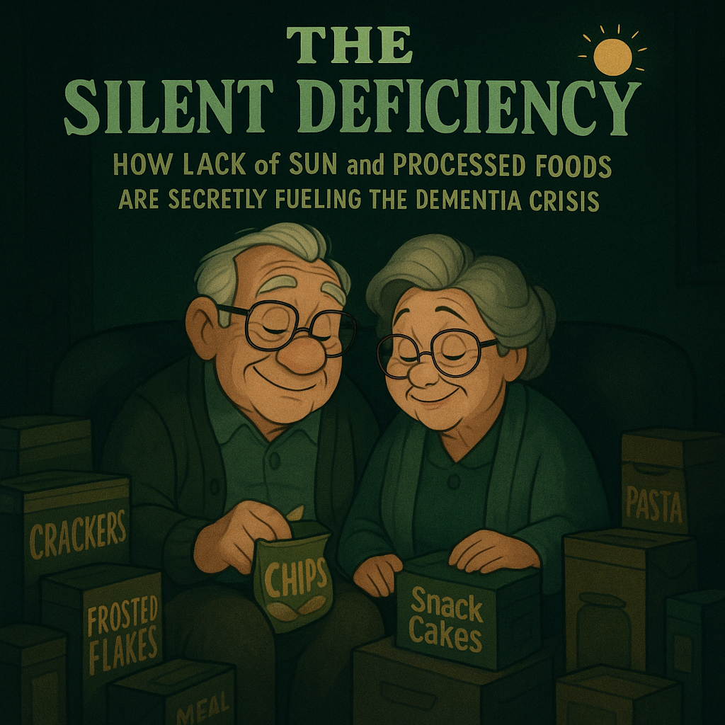 A Disney-style cartoon illustration of an elderly, pale couple sitting indoors on a couch in a dim, sunless room. They are surrounded by stacks of colorful, ultraprocessed packaged foods, visually emphasizing the lack of sunlight and poor diet contributing to cognitive decline.