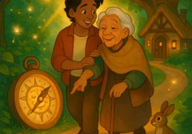 An illustrated Disney-style image showing an adult child guiding their elderly parent on a forest path, symbolizing support and hope after a dementia diagnosis.