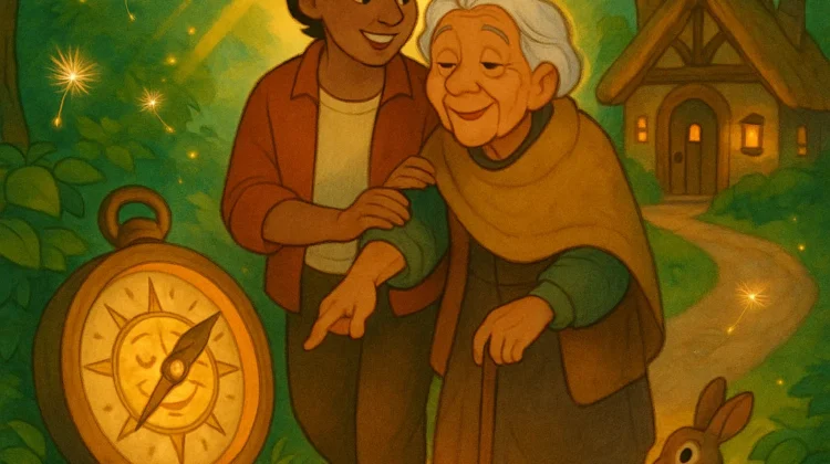 An illustrated Disney-style image showing an adult child guiding their elderly parent on a forest path, symbolizing support and hope after a dementia diagnosis.