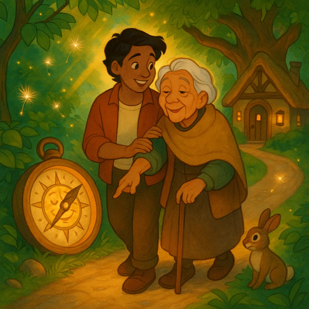 An illustrated Disney-style image showing an adult child guiding their elderly parent on a forest path, symbolizing support and hope after a dementia diagnosis.