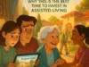 Adult children research 'Evergreen Cottages' on a tablet, which transitions to a Disney-style scene of their happy elderly parents in the community's vibrant courtyard, illustrating the decision to invest in assisted living.