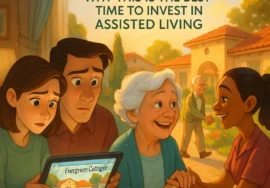 Adult children research 'Evergreen Cottages' on a tablet, which transitions to a Disney-style scene of their happy elderly parents in the community's vibrant courtyard, illustrating the decision to invest in assisted living.