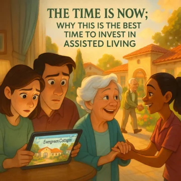 Adult children research 'Evergreen Cottages' on a tablet, which transitions to a Disney-style scene of their happy elderly parents in the community's vibrant courtyard, illustrating the decision to invest in assisted living.