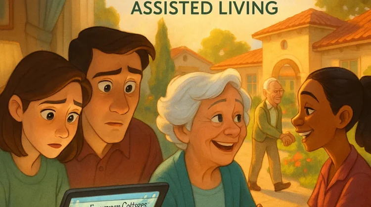 Adult children research 'Evergreen Cottages' on a tablet, which transitions to a Disney-style scene of their happy elderly parents in the community's vibrant courtyard, illustrating the decision to invest in assisted living.