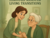 A Disney-style illustration of a caregiver holding hands with an older woman in an assisted living setting, using green and neutral tones to show warmth and support.
