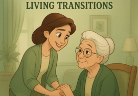 A Disney-style illustration of a caregiver holding hands with an older woman in an assisted living setting, using green and neutral tones to show warmth and support.