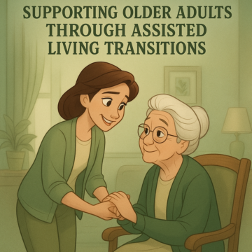 A Disney-style illustration of a caregiver holding hands with an older woman in an assisted living setting, using green and neutral tones to show warmth and support.