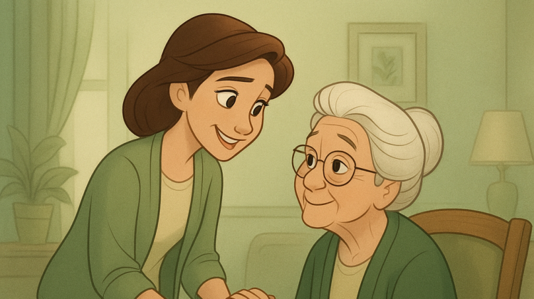 A Disney-style illustration of a caregiver holding hands with an older woman in an assisted living setting, using green and neutral tones to show warmth and support.