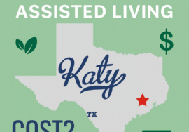 Infographic showing the main factors that influence assisted living costs in Katy, Texas, including care level, living space, and extra fees such as medication management, move-in charges, and assessments. Illustrated in soft green and yellow tones.