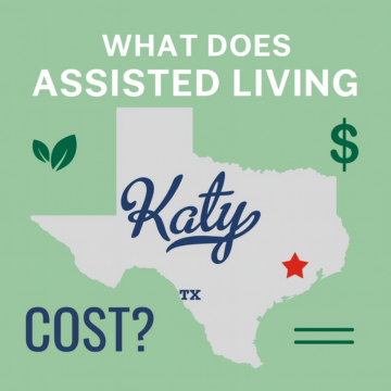 Infographic showing the main factors that influence assisted living costs in Katy, Texas, including care level, living space, and extra fees such as medication management, move-in charges, and assessments. Illustrated in soft green and yellow tones.