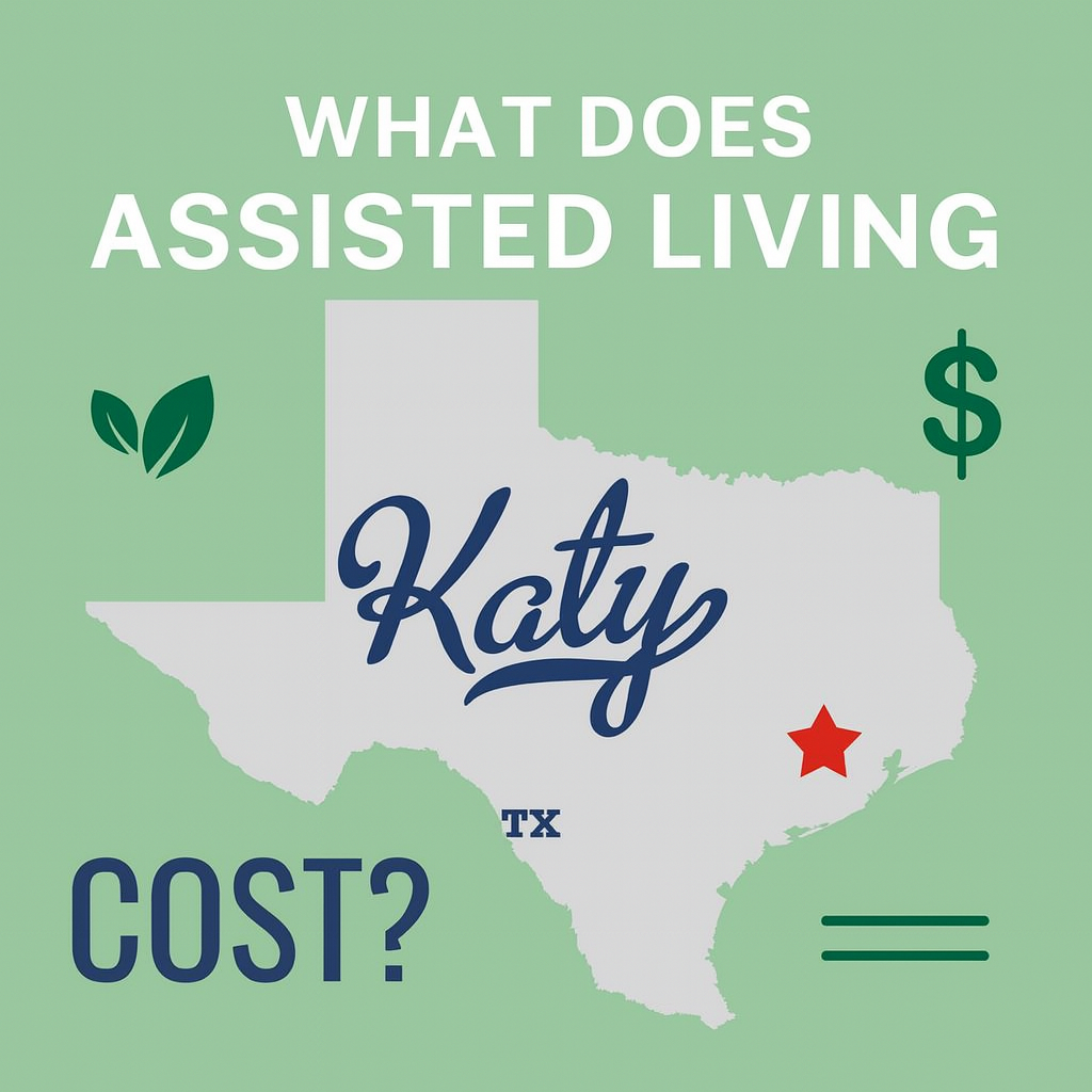 Infographic showing the main factors that influence assisted living costs in Katy, Texas, including care level, living space, and extra fees such as medication management, move-in charges, and assessments. Illustrated in soft green and yellow tones.