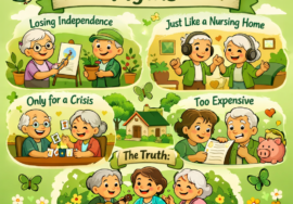 Cartoon-style infographic showing common assisted living myths with sad scenes for misconceptions and a positive scene highlighting safety, support, and community in assisted living.