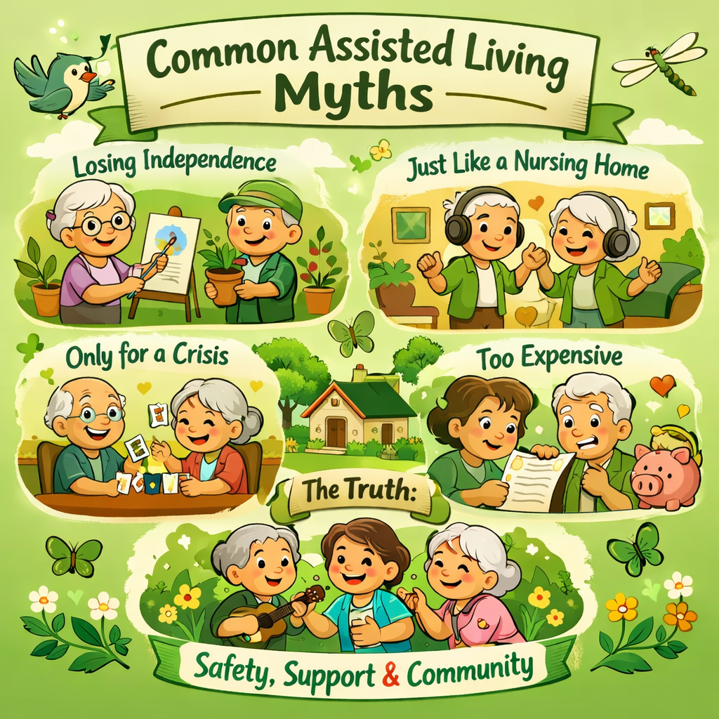 Cartoon-style infographic showing common assisted living myths with sad scenes for misconceptions and a positive scene highlighting safety, support, and community in assisted living.