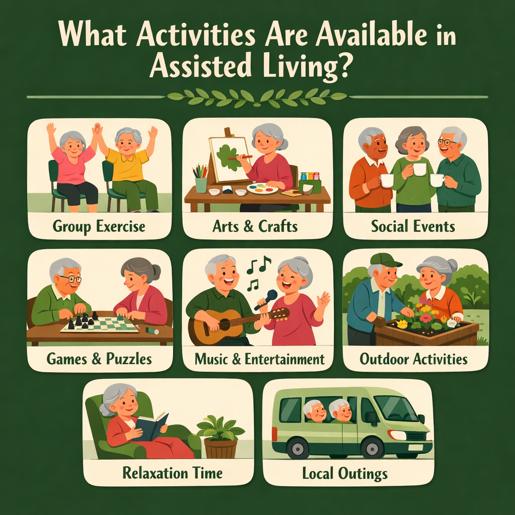 Infographic showing assisted living activities such as group exercise, arts and crafts, social events, games, music, outdoor gardening, relaxation, and local outings in a green-themed design.