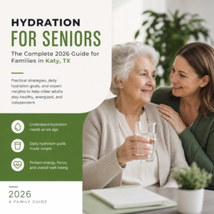 An elderly woman holding a glass of water smiles beside a caregiver while sitting at a table. The cover design reads “Hydration for Seniors: The Complete 2026 Guide for Families in Katy, TX” and highlights hydration tips, daily goals, and wellness benefits for older adults.