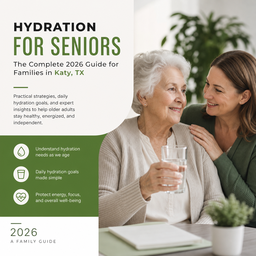 An elderly woman holding a glass of water smiles beside a caregiver while sitting at a table. The cover design reads “Hydration for Seniors: The Complete 2026 Guide for Families in Katy, TX” and highlights hydration tips, daily goals, and wellness benefits for older adults.
