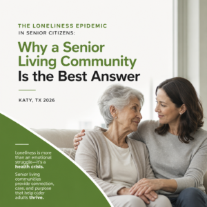 Senior woman and younger woman sitting together on a couch, smiling and embracing, with text about loneliness in seniors and senior living communities.