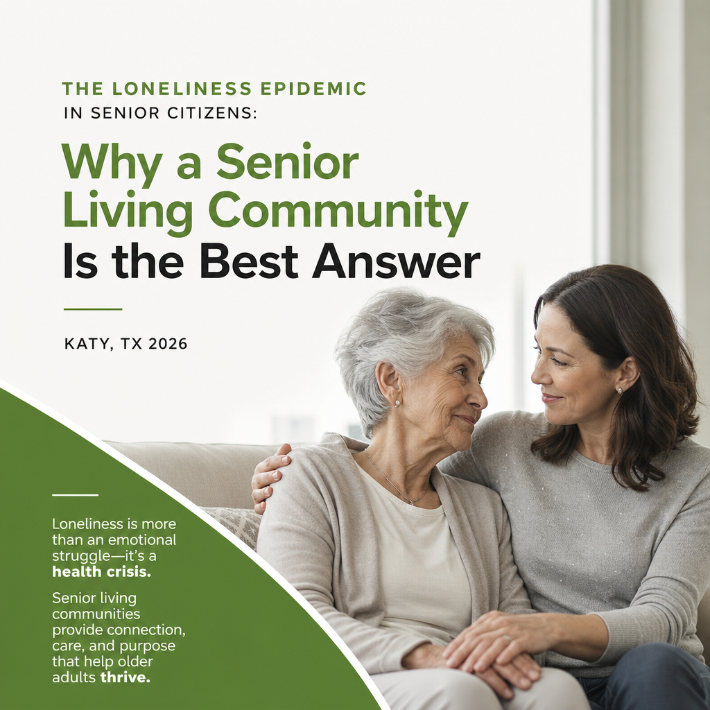 Senior woman and younger woman sitting together on a couch, smiling and embracing, with text about loneliness in seniors and senior living communities.