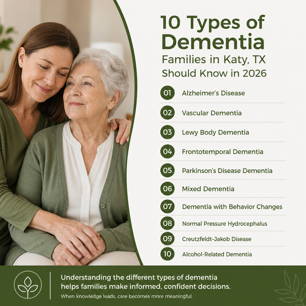 Adult daughter embracing elderly mother from behind, smiling together. Infographic titled '10 Types of Dementia Families in Katy, TX Should Know in 2026' lists Alzheimer's Disease, Vascular Dementia, Lewy Body Dementia, Frontotemporal Dementia, Parkinson's Disease Dementia, Mixed Dementia, Dementia with Behavior Changes, Normal Pressure Hydrocephalus, Creutzfeldt-Jakob Disease, and Alcohol-Related Dementia with tagline 'Understanding the different types of dementia helps families make informed, confident decisions.