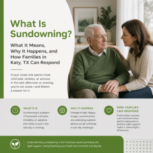 An older man in a green sweater and a younger woman sitting together on a couch in a bright living room, with text explaining what sundowning is