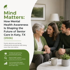 A multigenerational family—an older woman in a green cardigan, a younger woman, and a man—smile together in a warm, plant-filled living room while enjoying coffee.