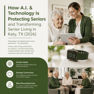 Senior woman and caregiver reviewing health data on a tablet together, with icons showing AI safety features, smartwatch heart rate monitoring, and seniors socializing in a memory care community setting.